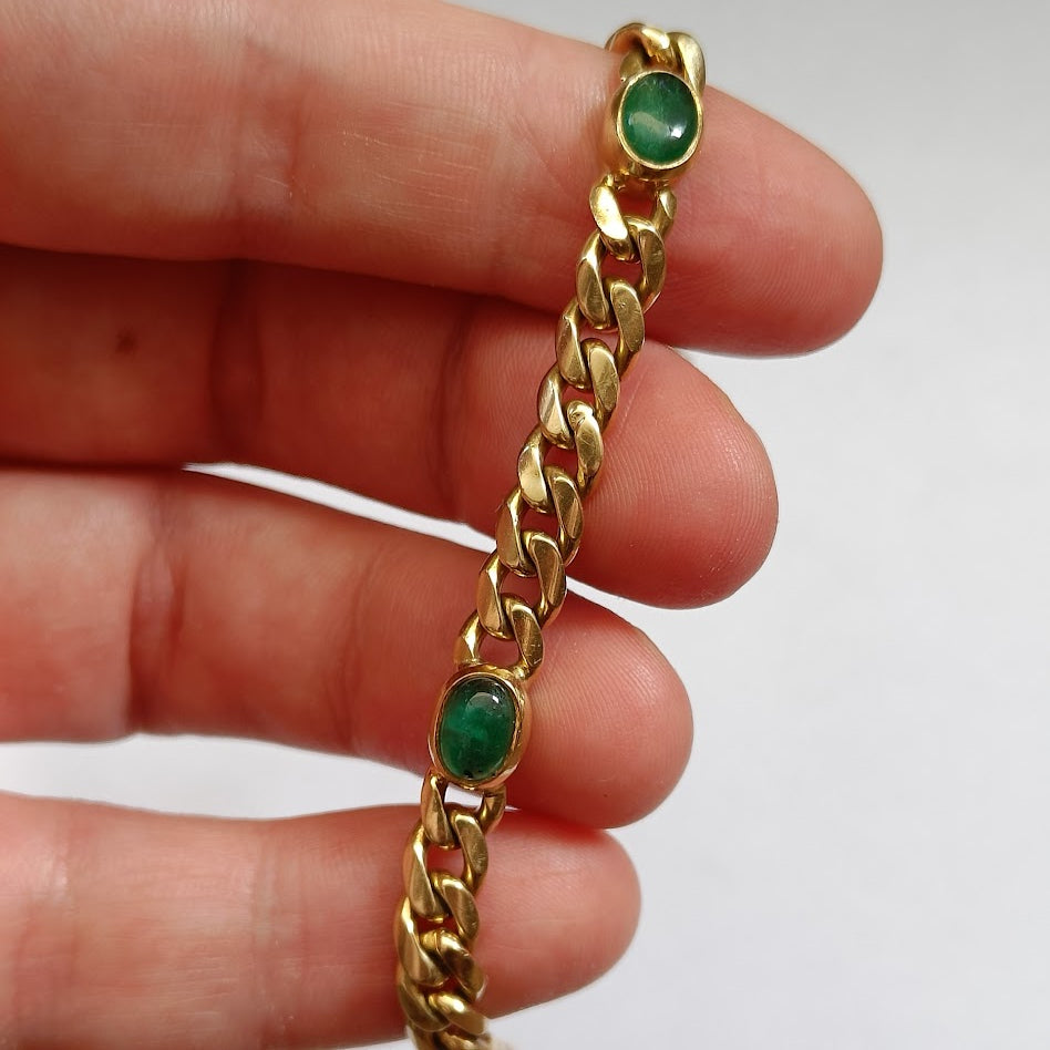 18k Gold Curb Link Bracelet with 4 Emerald