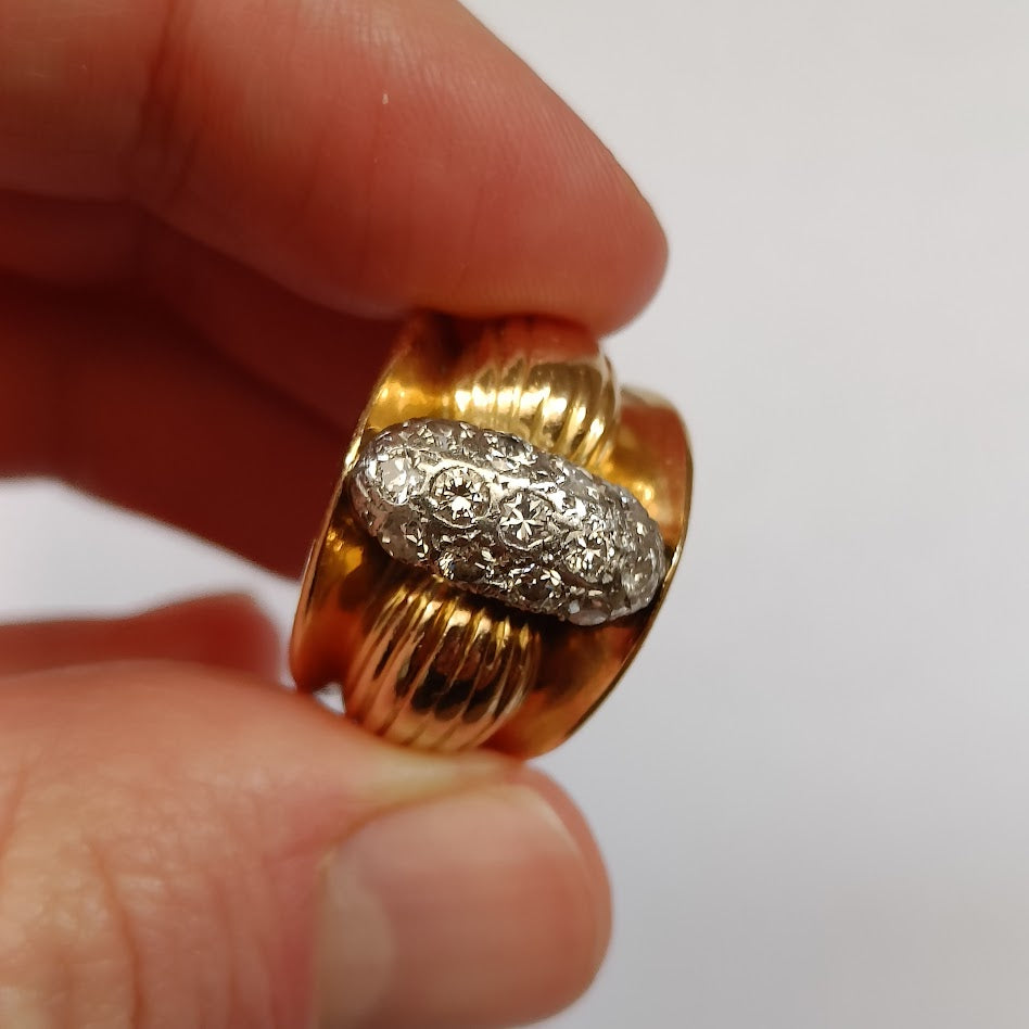 Diamond Gold and Platinum Gadrooned Ring